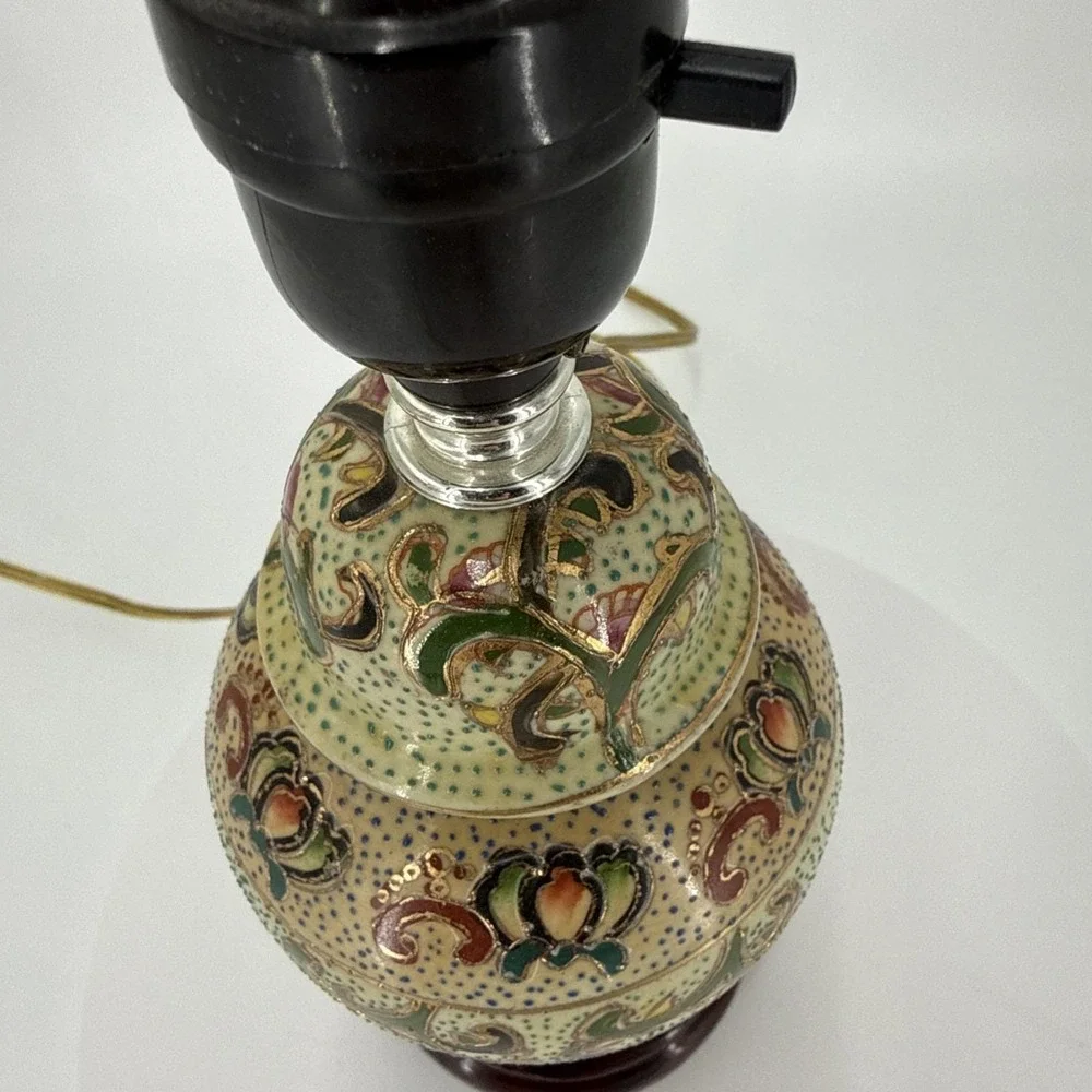 Vtg Asian Satuma Style Ginger Jar‎ Lamp Hand Painted Floral Chinoiserie Enamel